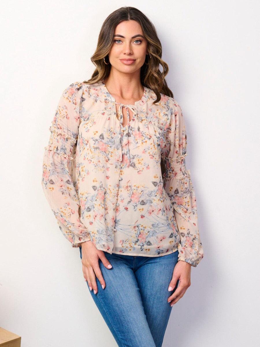 Wholesale Fashion Trends Cream Women's Long Sleeve Button Up Ruffle Floral Blouse Top B-17-C-NTS1425C