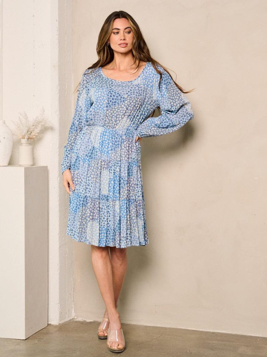 Wholesale Fashion Trends Ice Blue Women's Long Sleeves Tiered Floral Midi Dress DD-5-A-D 1389-A