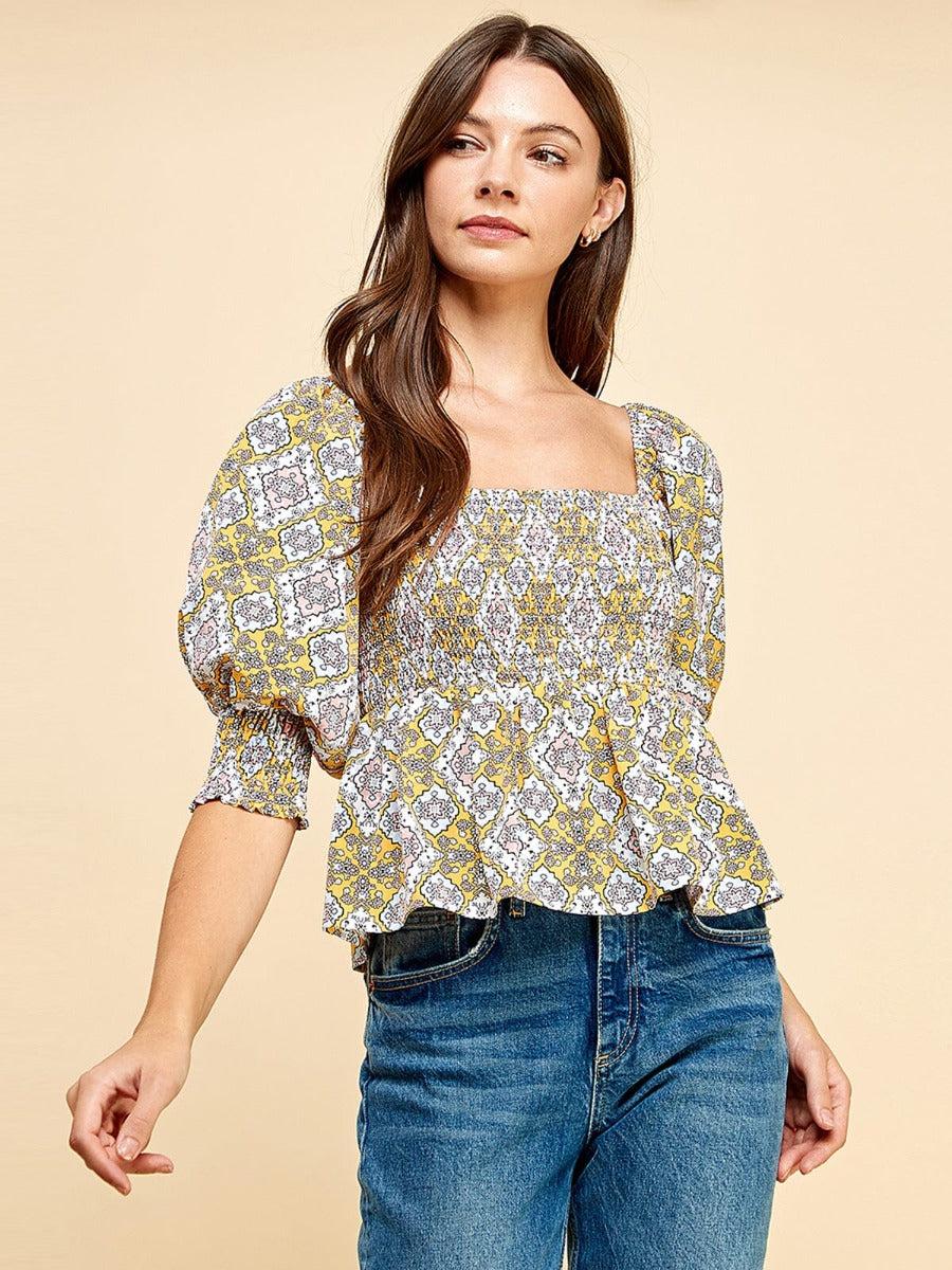 Wholesale Fashion Trends Mustard Women's Short Puff Sleeve Smock Peplum Floral Blouse Top E-1-E-T8253