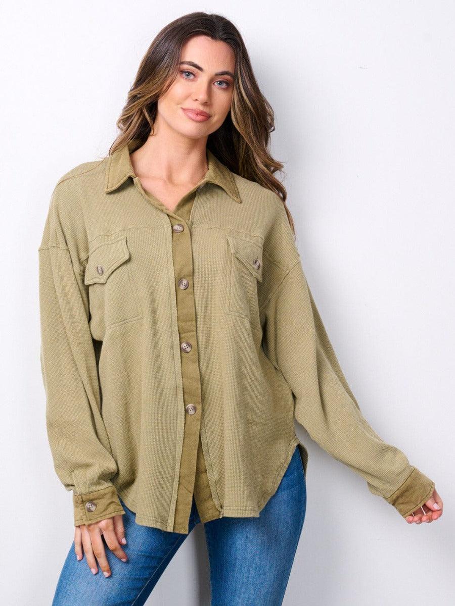 Wholesale Fashion Trends Olive Women's Long Sleeve Button Up Ribbed Top H-8-E-IKJ34335