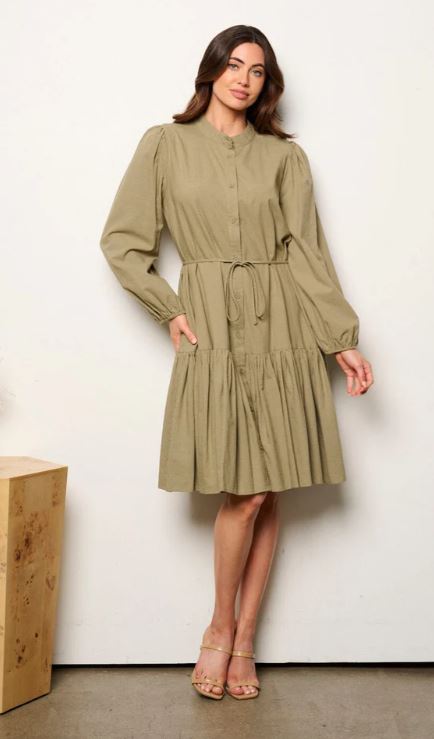 Wholesale Fashion Trends Olive Women's Long Sleeve Button Up Self Tie Mini Dress H-2-C-LD501C