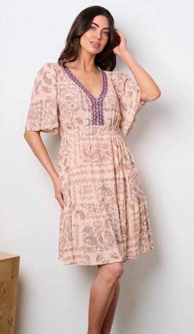 Wholesale Fashion Trends Peach Women's Short Sleeve V-Neck Pockets Paisley Print Mini Dress I-6-C-FD41544