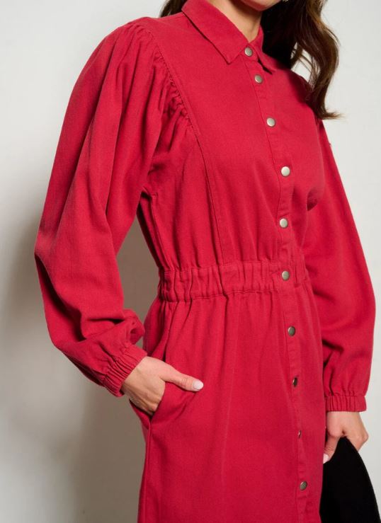 Wholesale Fashion Trends Red Women's Long Sleeve Button Up Front Pockets Denim Mini Dress B-75-B-H14361D
