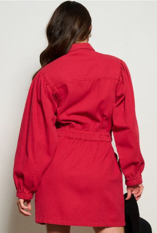 Wholesale Fashion Trends Red Women's Long Sleeve Button Up Front Pockets Denim Mini Dress B-75-B-H14361D