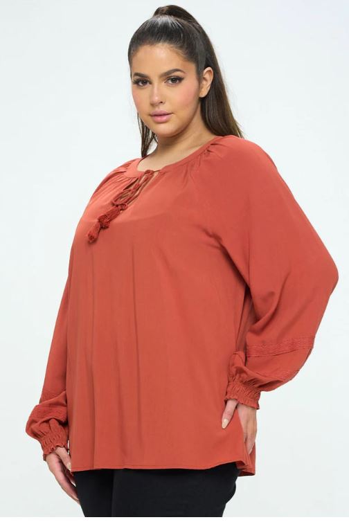 Wholesale Fashion Trends Rust Long Sleeve V-Neck Lace Detailed Tunic Blouse Curvy Size Top I-9-C-8135T