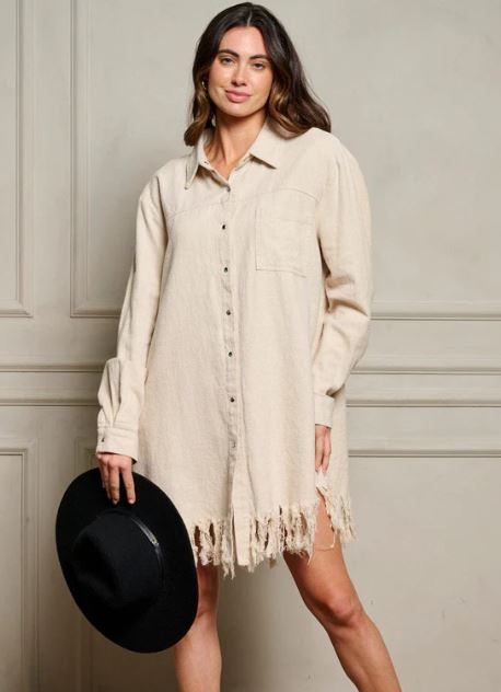 Wholesale Fashion Trends Taupe Women's Long Sleeve Button Up Front Pocket Tassel Trim Mini Dress C-10-C-T11822