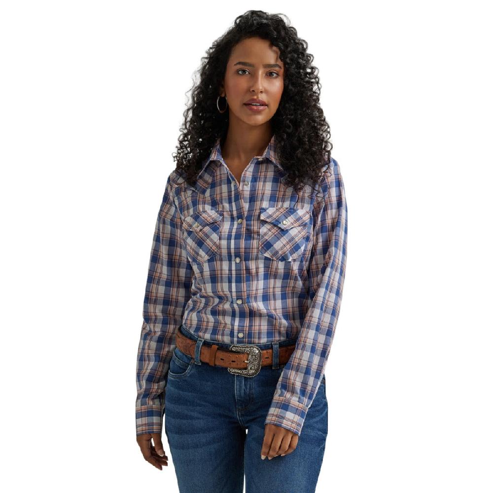 Wrangler Anthem Blue Plaid Women's Collared Long Sleeve Essential Snap Top 112344637