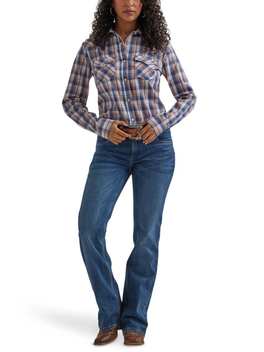 Wrangler Anthem Blue Plaid Women's Collared Long Sleeve Essential Snap Top 112344637