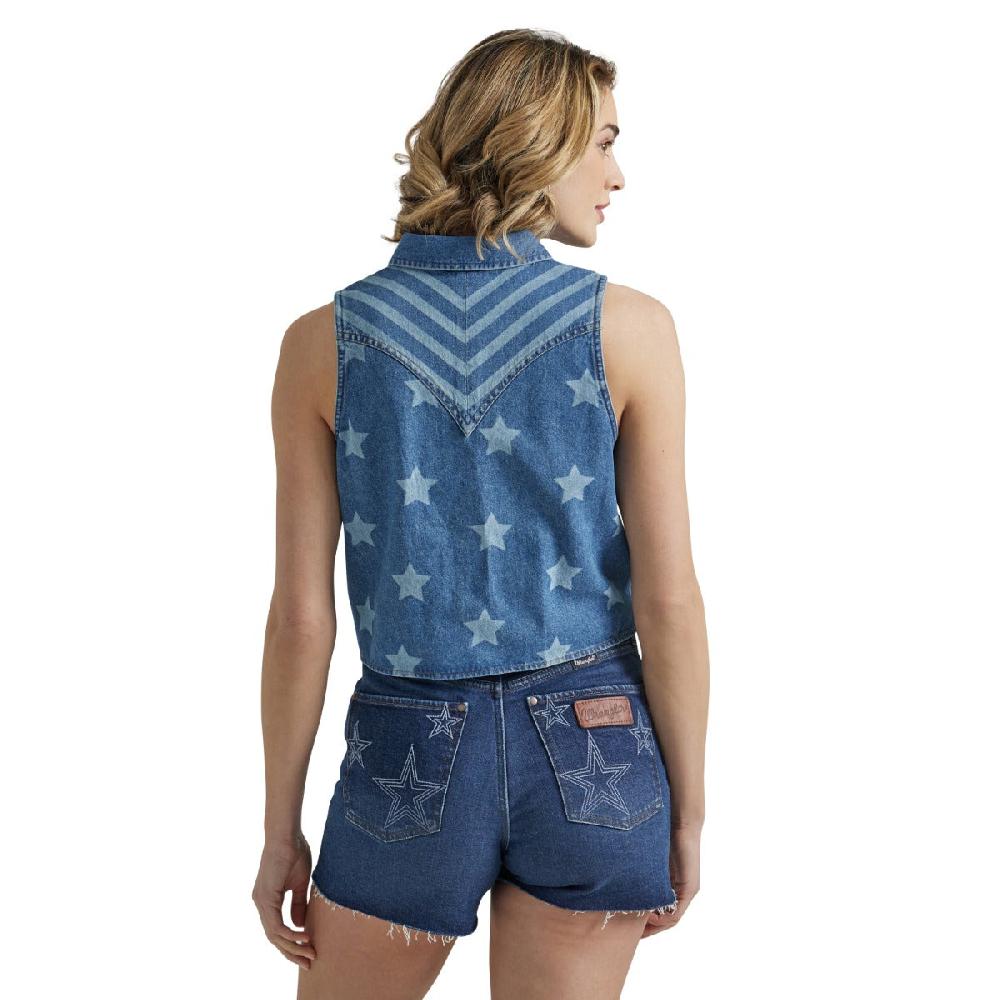 Wrangler Anthem Blue Starry Denim Tie Front Collared Women's Tank Shirt 112347210