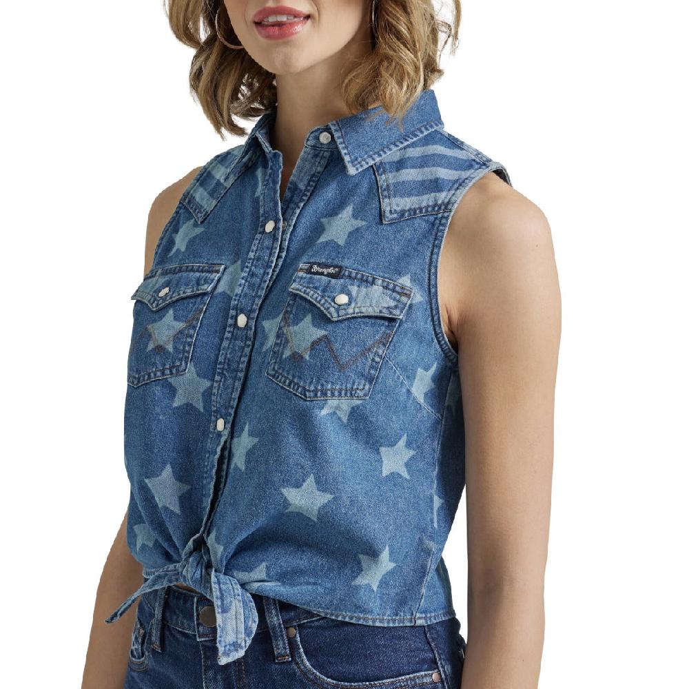 Wrangler Anthem Blue Starry Denim Tie Front Collared Women's Tank Shirt 112347210