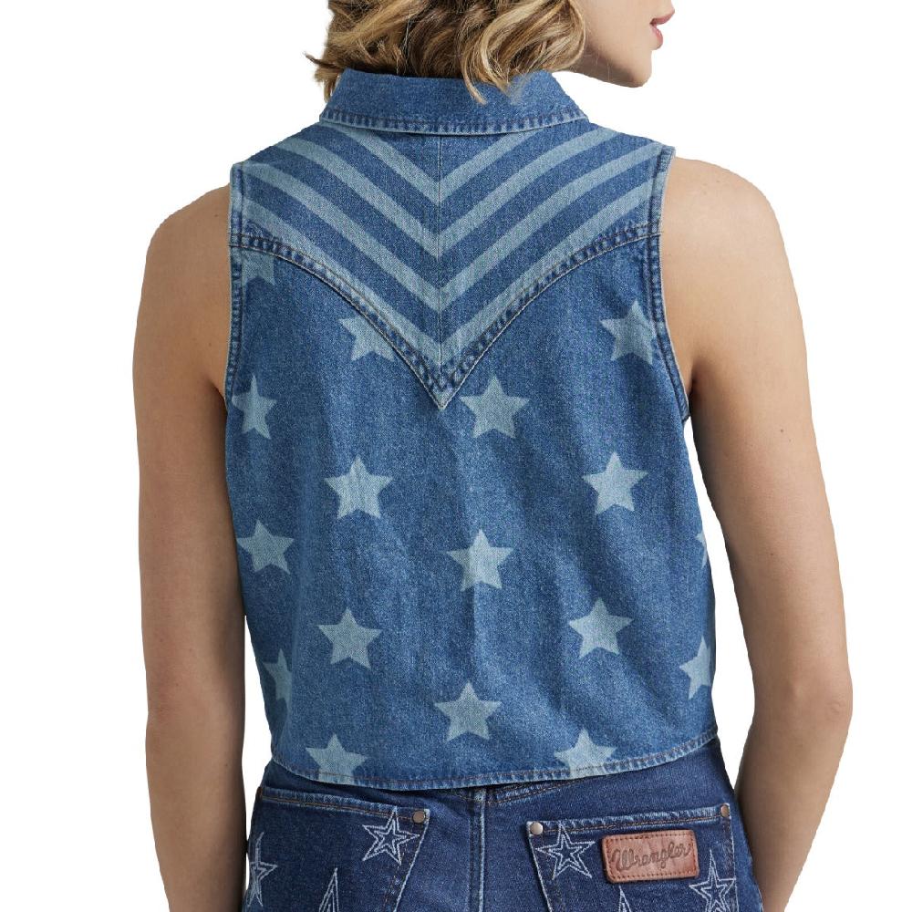 Wrangler Anthem Blue Starry Denim Tie Front Collared Women's Tank Shirt 112347210