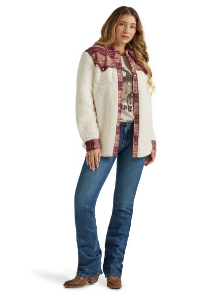 Wrangler Antique White Retro Boyfriend Sherpa Women's Western Snap Shirt Jacket 112339479