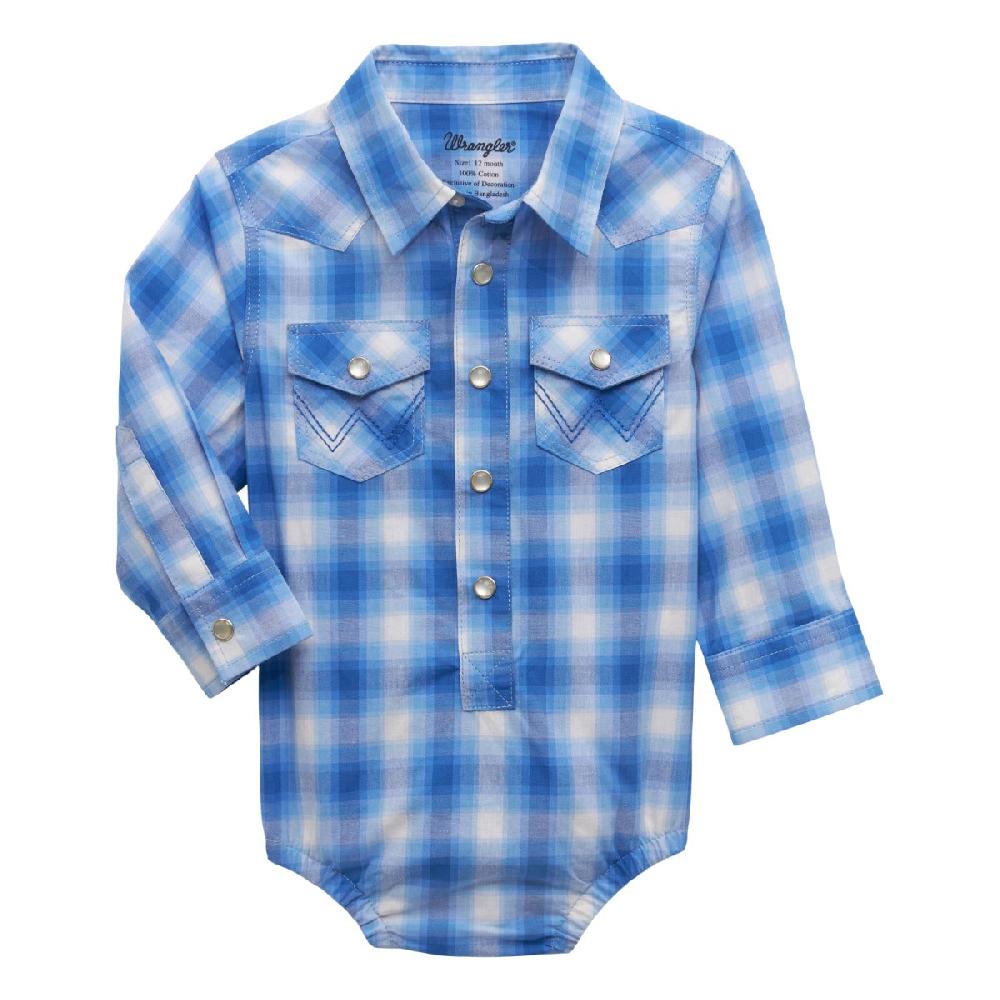 Wrangler Arctic Blue Plaid Baby Boy's Long Sleeve Western Snap Bodysuit 112355399