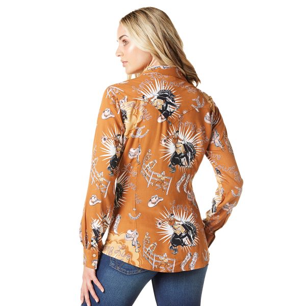 Wrangler Argan Oil Tan Bold Bucking Cowboy Women's Slim Fit Retro Punchy Snap Western Shirt 112336515