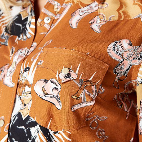 Wrangler Argan Oil Tan Bold Bucking Cowboy Women's Slim Fit Retro Punchy Snap Western Shirt 112336515