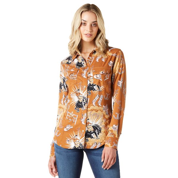 Wrangler Argan Oil Tan Bold Bucking Cowboy Women's Slim Fit Retro Punchy Snap Western Shirt 112336515