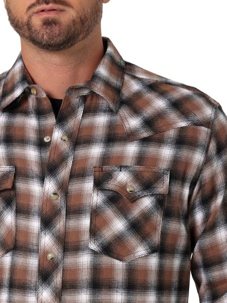Wrangler Aztec Brown Plaid Retro Longsleeve Men's Flannel Snap Shirt 112330474