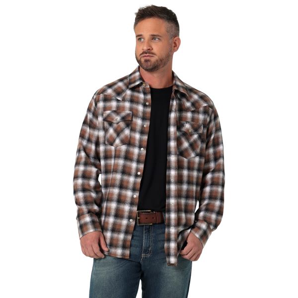 Wrangler Aztec Brown Plaid Retro Longsleeve Men's Flannel Snap Shirt 112330474