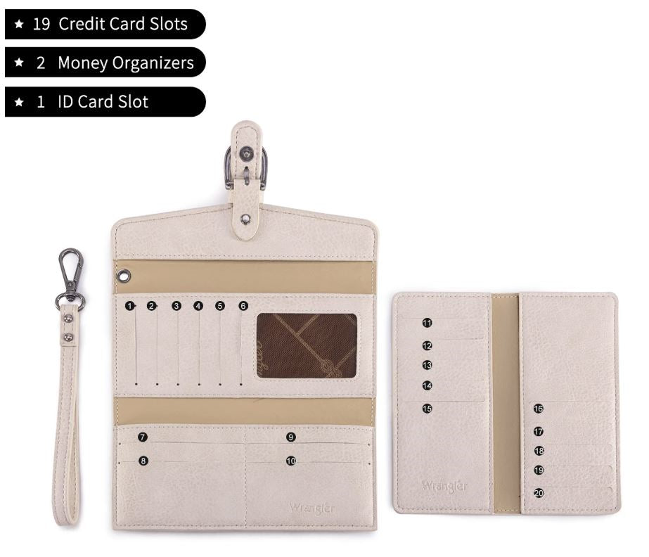 Wrangler Beige Western Cow-Print Trifold RFID Wallet/Wristlet With Detachable Credit Card Holder WG195-W054BG