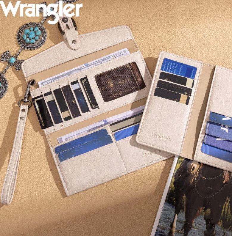 Wrangler Beige Western Cow-Print Trifold RFID Wallet/Wristlet With Detachable Credit Card Holder WG195-W054BG