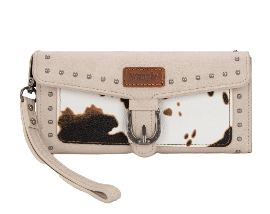Wrangler Beige Western Cow-Print Trifold RFID Wallet/Wristlet with Detachable Credit Card Holder WG195-W054BG
