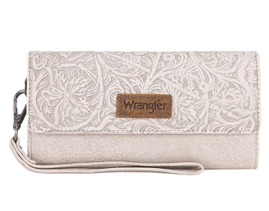 Wrangler Beige Western Floral Tooled Tri-fold RFID Wallet/Wristlet WG196-WO56BG