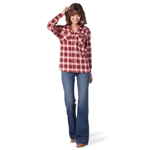 Wrangler Biking Red Plaid Retro Vintage Boyfriend Fit Women's Western Snap Shirt 112336491
