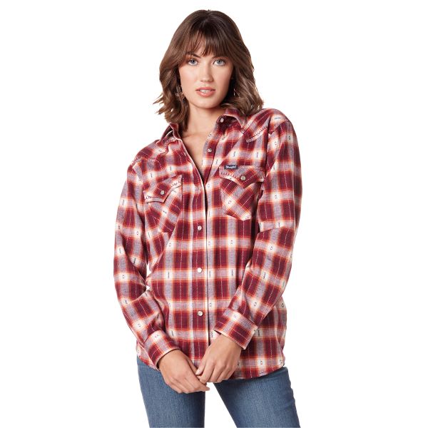 Wrangler Biking Red Plaid Retro Vintage Boyfriend Fit Women's Western Snap Shirt 112336491
