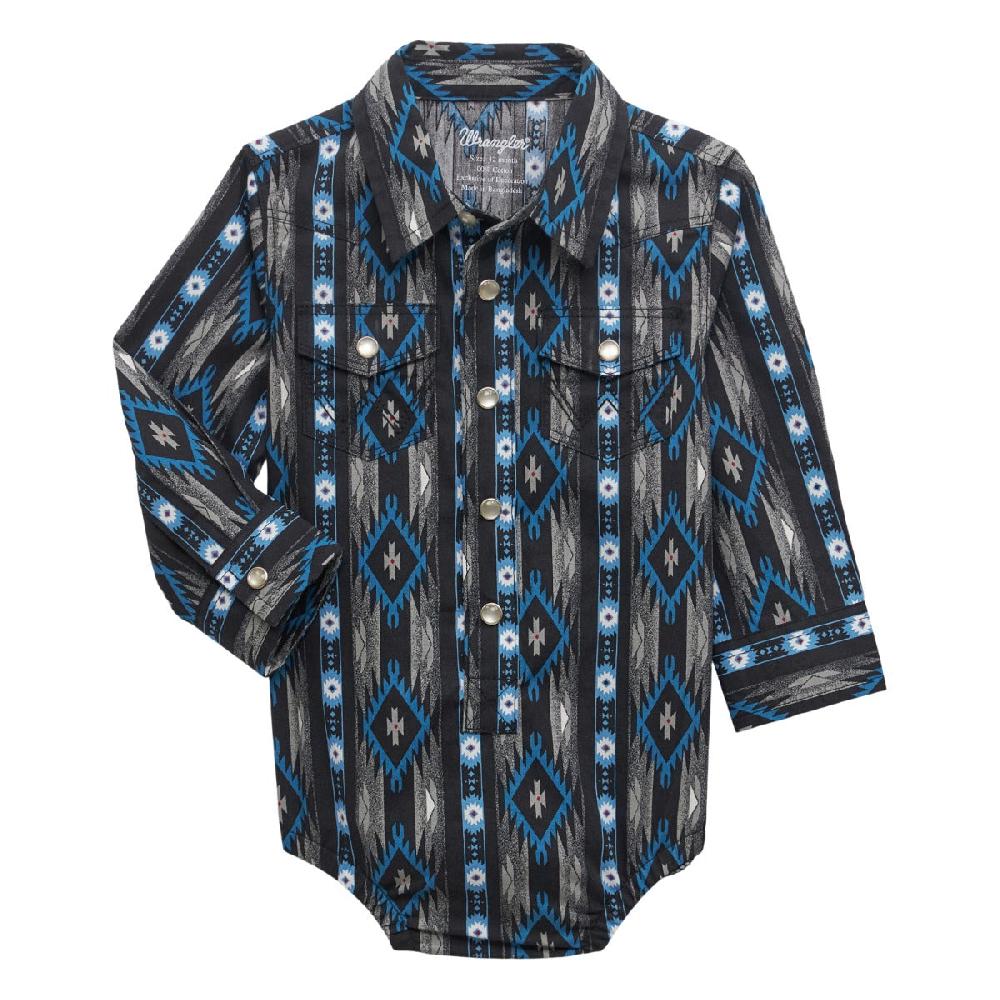 Wrangler Black Bleu Print Checotah Longsleeve Baby Boy's Western Snap Bodysuit 112355398