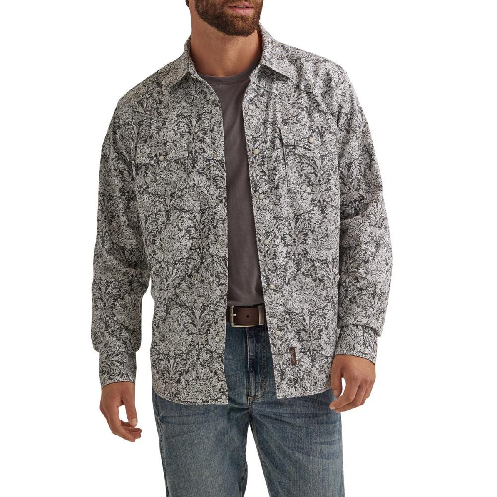 Wrangler Black Floral Print Retro Premium Men's Snap Modern Fit Longsleeve Collared Shirt 112344561