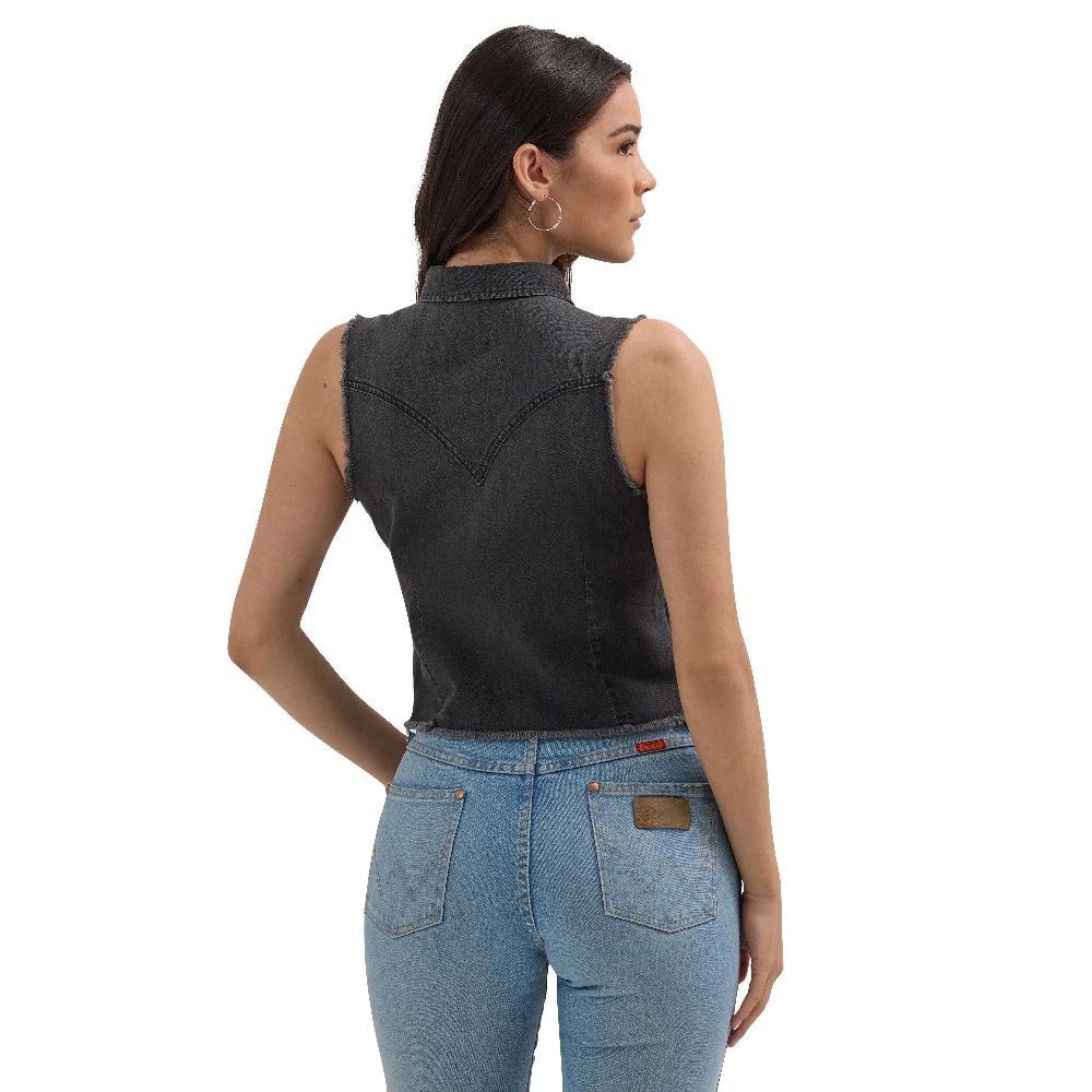 Wrangler Black Fray Women's Frayed Denim Crop Western Snap Tank 112362281