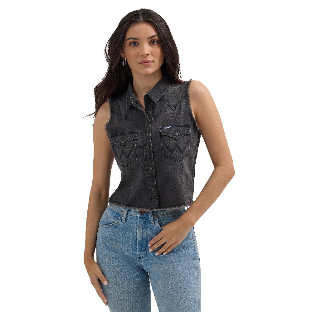 Wrangler Black Fray Women's Frayed Denim Crop Western Snap Tank 112362281