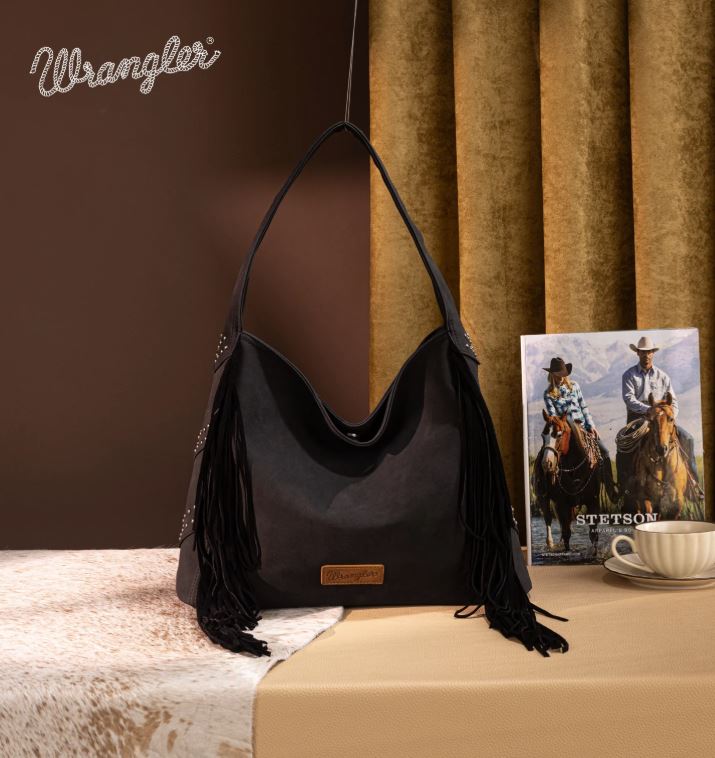 Wrangler Black Fringe Studded Hobo Bag WG244-9182BK