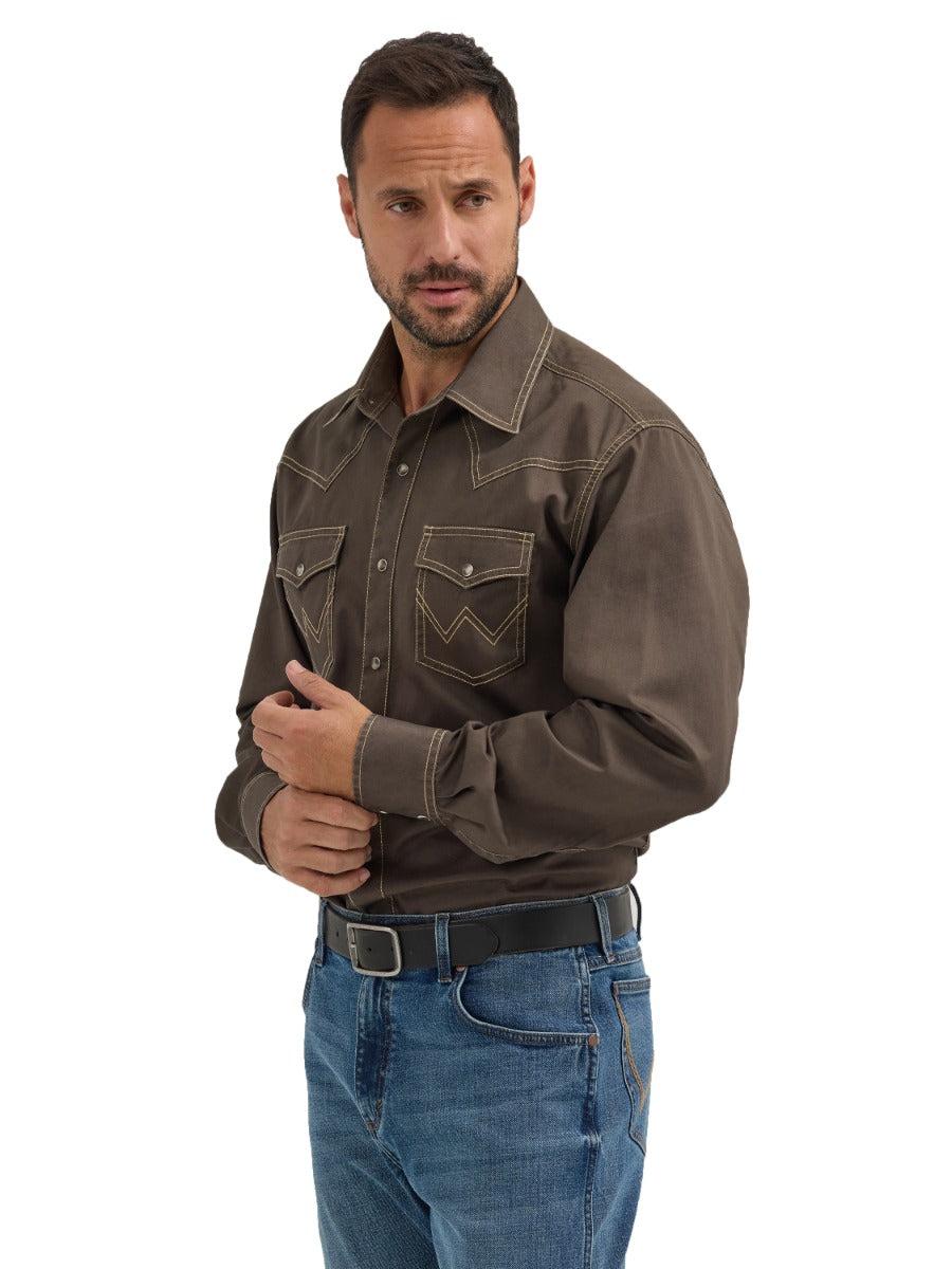 Wrangler Black Olive Retro Premium Men's Collared Longsleeve Western Snap Shirt 112356597