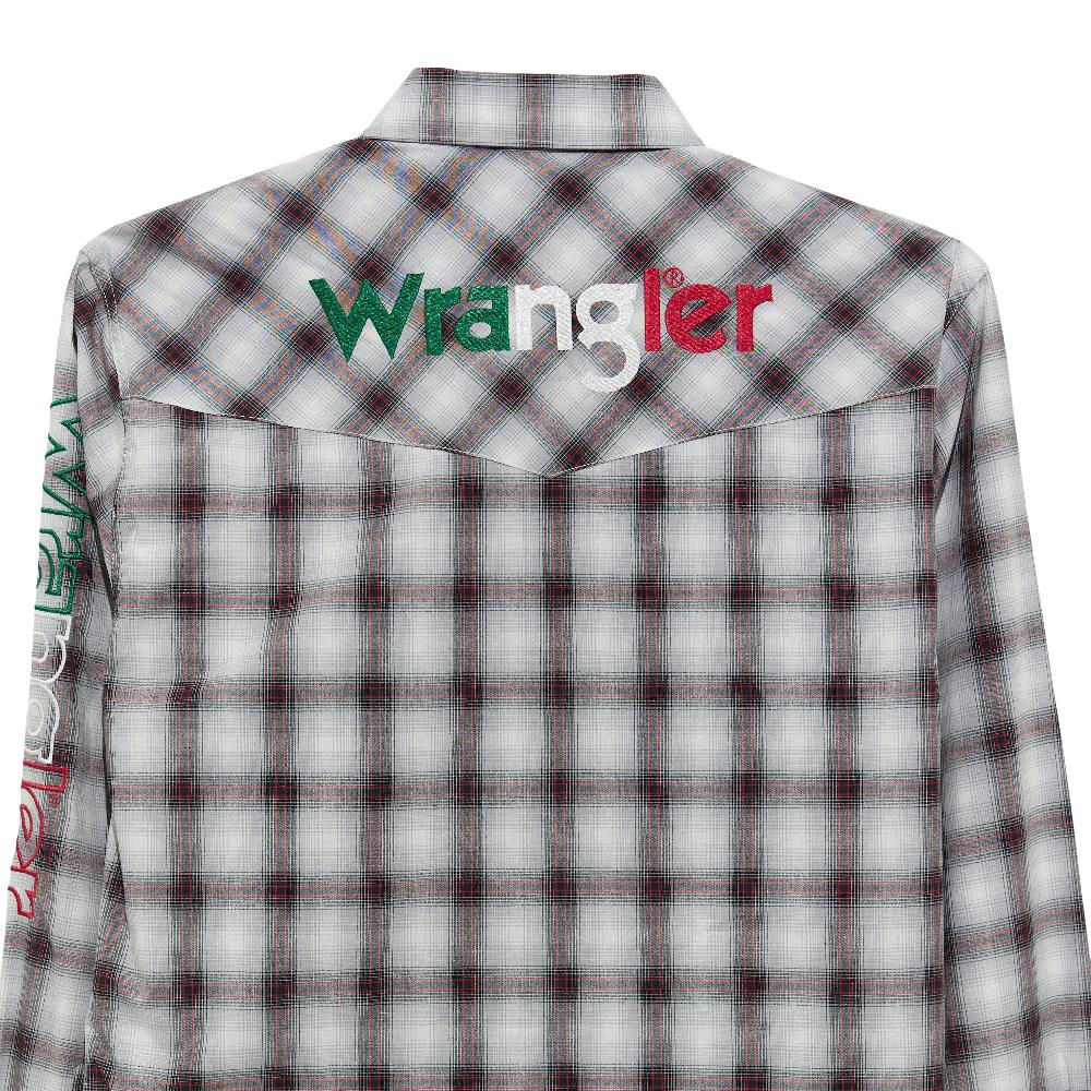 Wrangler Black Plaid Men's Collared Longsleeve Classic Fit Snap Logo Shirt with Red/White/Green Logo 112365480