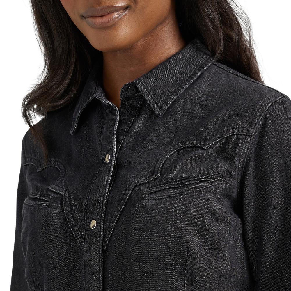 Wrangler Black Scallop Yoke Denim Women's Collared Longsleeve Western Snap Shirt Dress 112356662