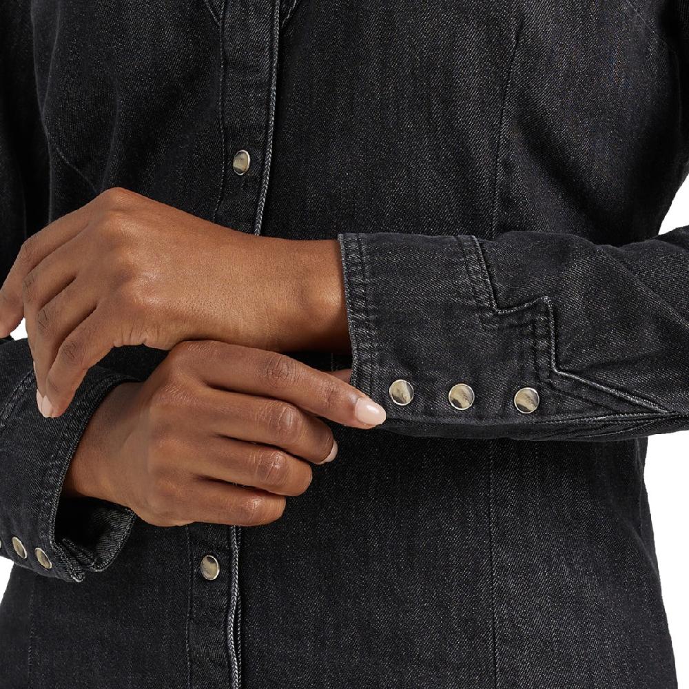 Wrangler Black Scallop Yoke Denim Women's Collared Longsleeve Western Snap Shirt Dress 112356662