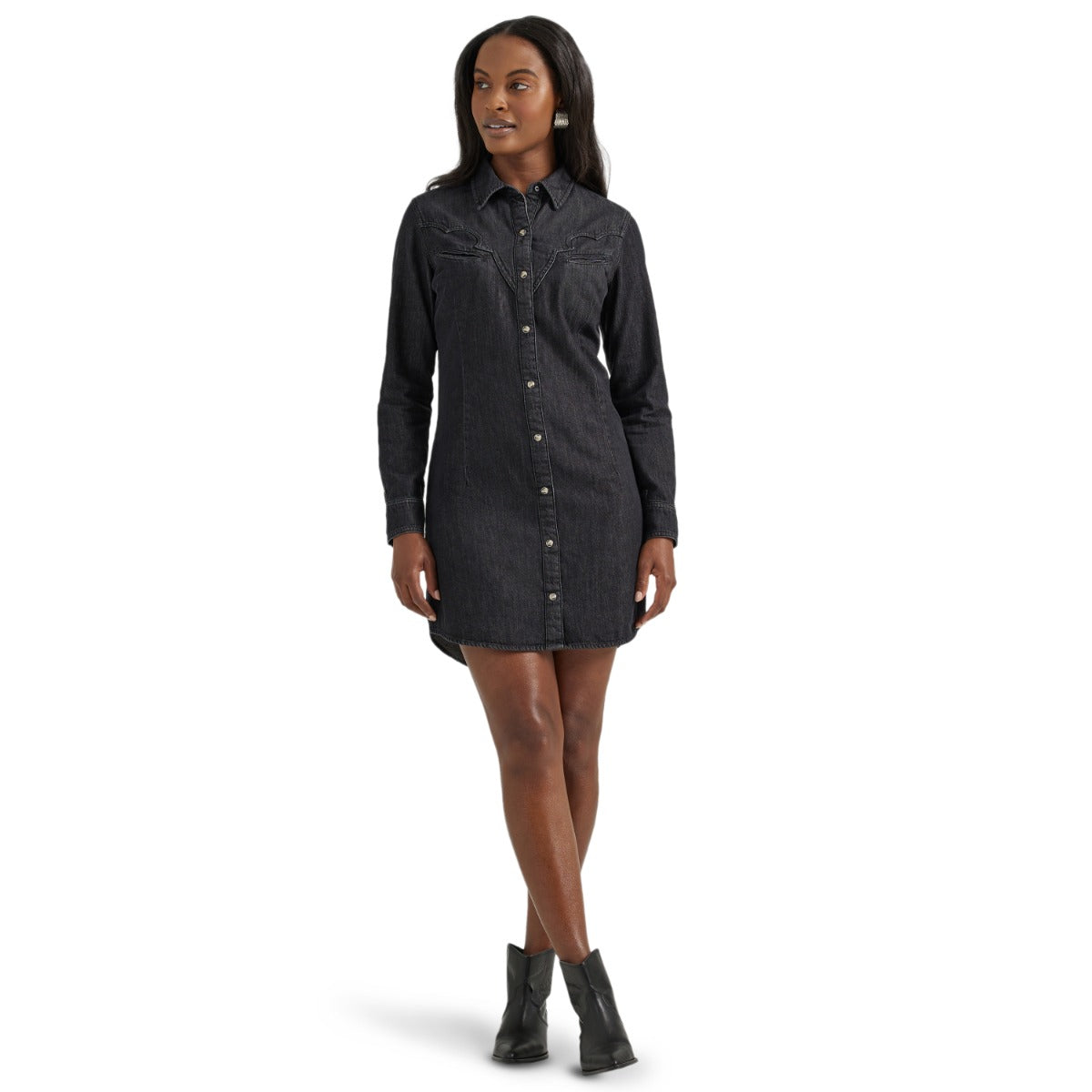 Wrangler Black Scallop Yoke Denim Women's Collared Longsleeve Western Snap Shirt Dress 112356662
