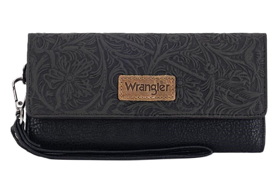 Wrangler Black Western Floral Tooled Tri-fold RFID Wallet/Wristlet WG196-W056BK