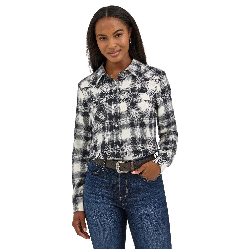 Wrangler Black Winter Plaid Women's Collared Longsleeve Snap Flannel Shirt 112371682