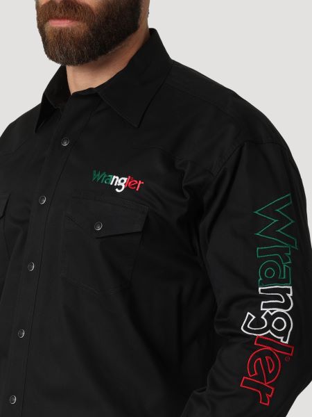 Wrangler Black With Logo In Red White And Green Men's Snap Shirt 112317124