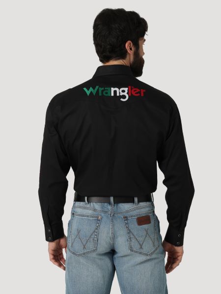 Wrangler Black With Logo In Red White And Green Men's Snap Shirt 112317124