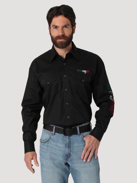 Wrangler Black with Logo in Red White and Green Men's Snap Shirt 112317124