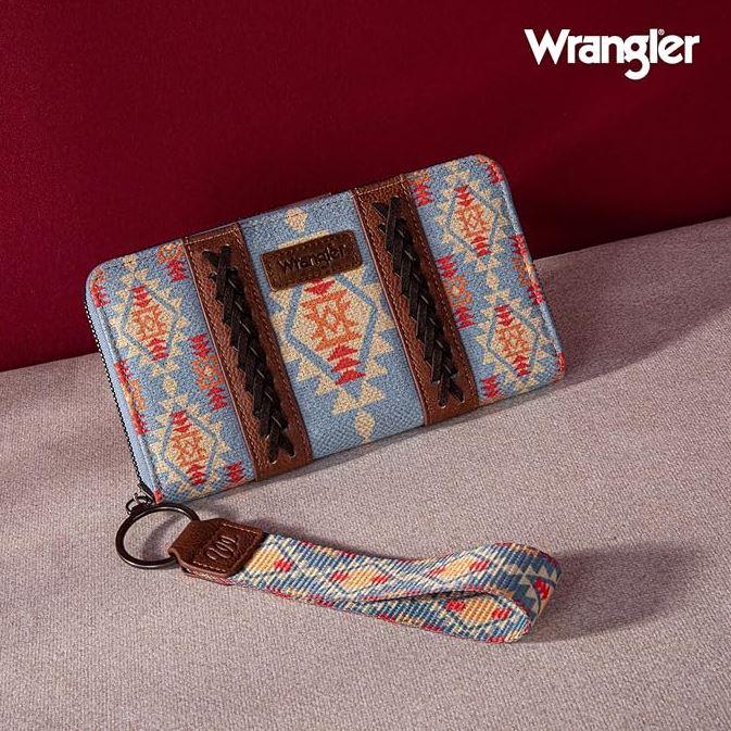 Wrangler Blue Aztec Print/Brown Southwestern Art Print Wristlet Wallet WG2202W006BR