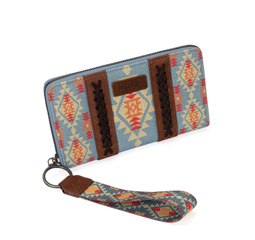Wrangler Blue Aztec Print/Brown Southwestern Art Print Wristlet Wallet WG2202W006BR