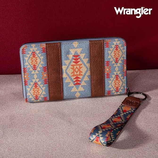 Wrangler Blue Aztec Print/Brown Southwestern Art Print Wristlet Wallet WG2202W006BR