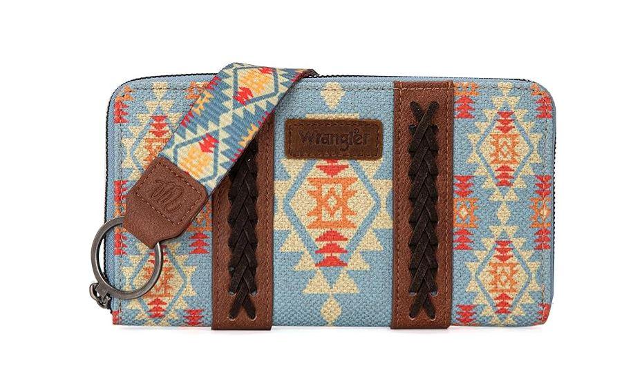 Wrangler Blue Aztec Print/Brown Southwestern Art Print Wristlet Wallet WG2202W006BR