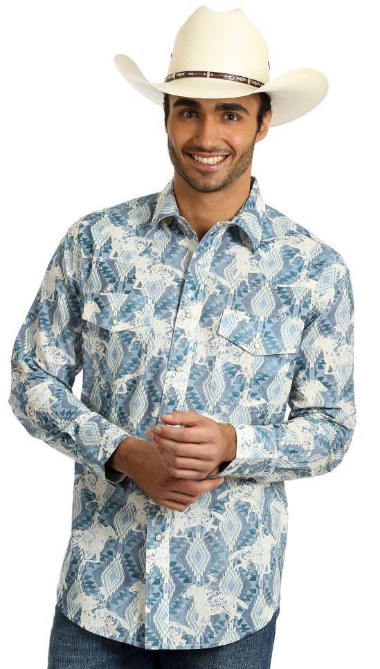 Wrangler Blue/Ivory Checotah Long Sleeve Veritcal Print Mens Long Sleeve Snap Shirt MC1243B