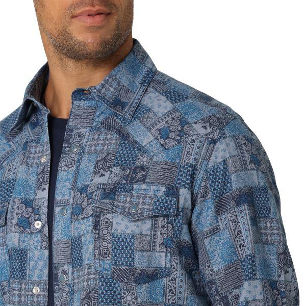 Wrangler Blue Patches Print Retro Premium Patchwork Men's Snap Western Shirt 112324850
