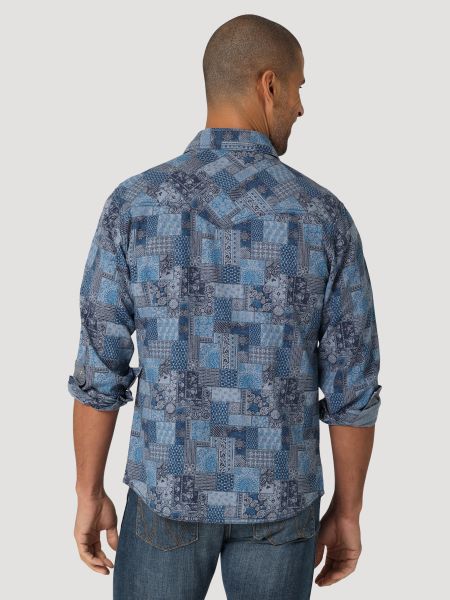 Wrangler Blue Patches Print Retro Premium Patchwork Men's Snap Western Shirt 112324850